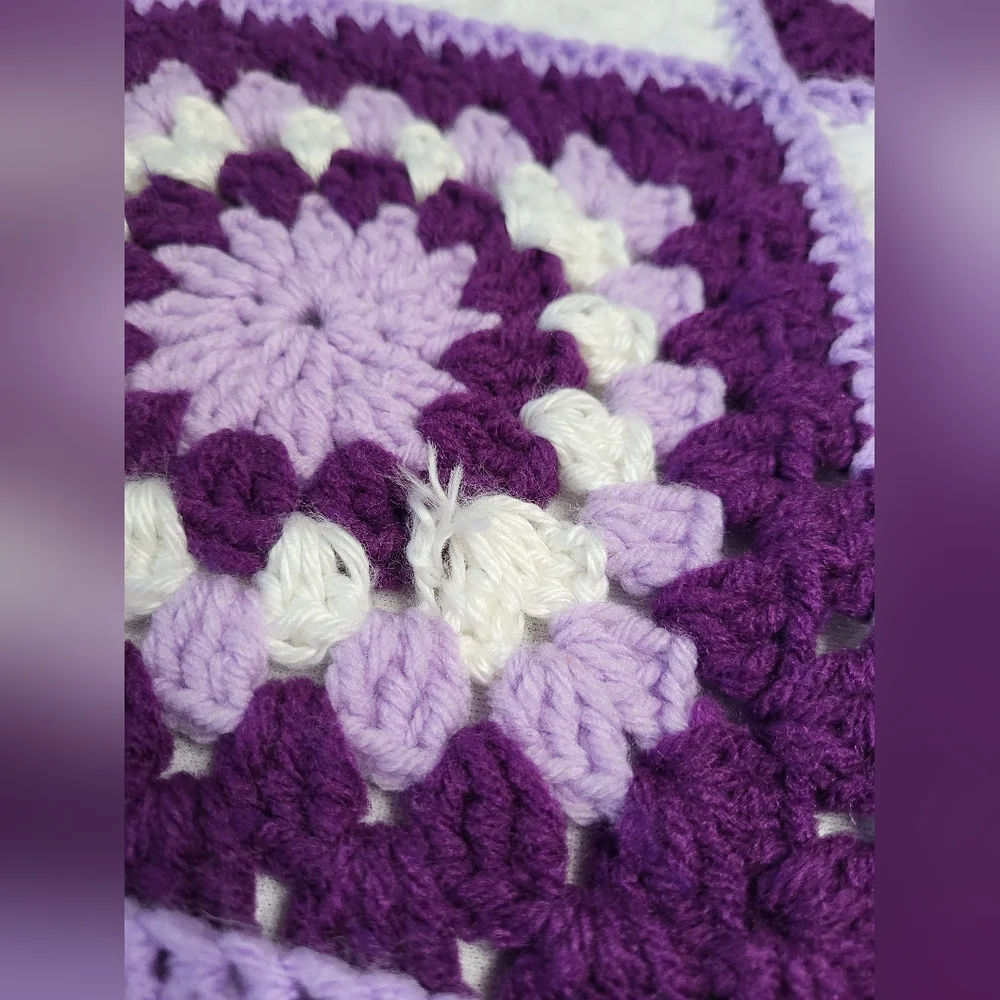 Purple and White Block Handmade Crochet Afghan Throw Lap Yarn Blanket 46